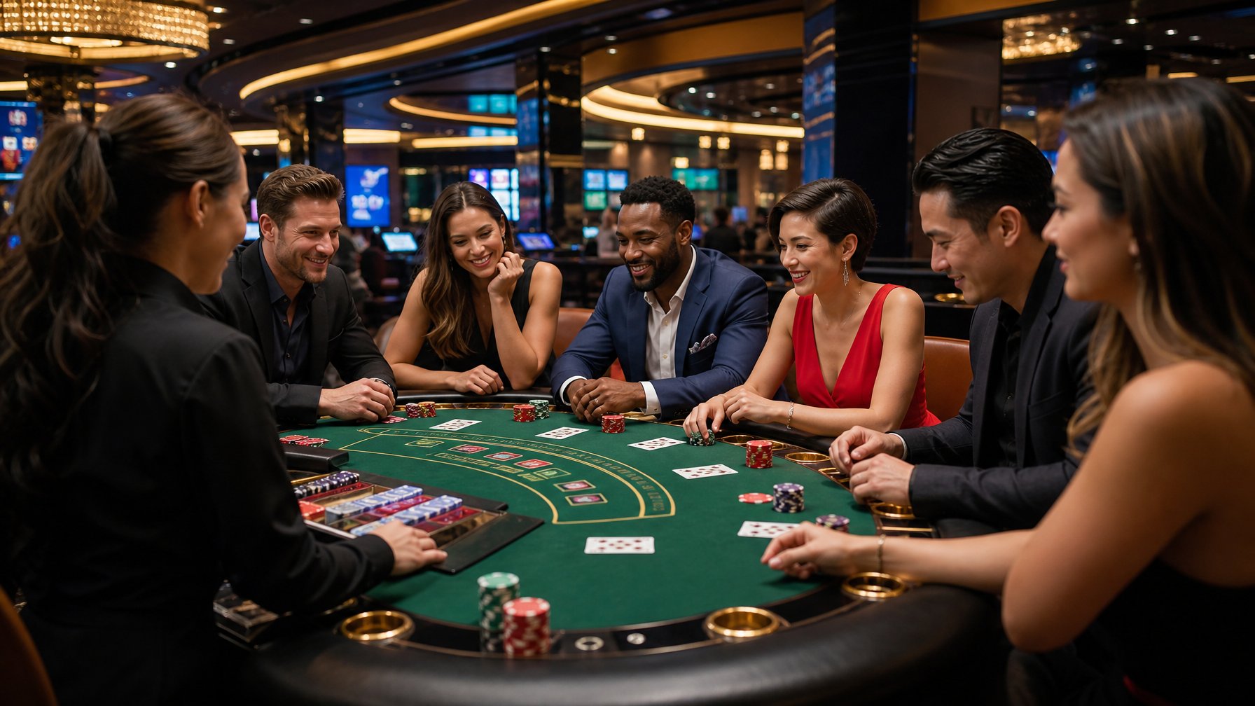Sejumlah pemain berpakaian rapi sedang bermain blackjack di meja kasino dengan suasana mewah dan pencahayaan hangat.