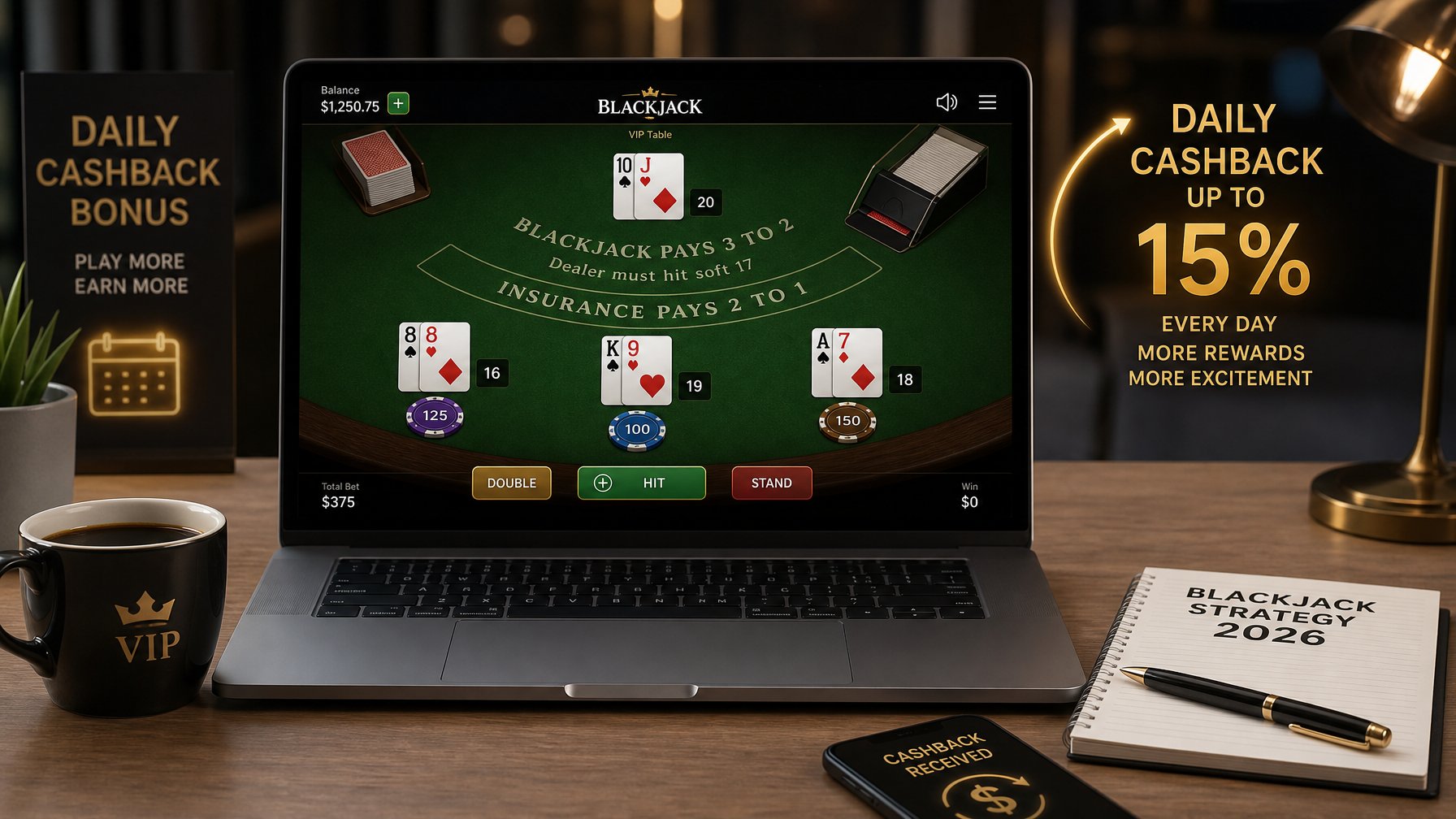 Seorang pemain blackjack online menggunakan laptop di meja kerja yang rapi dengan kartu dan chip terlihat di layar, dikelilingi simbol bonus cashback.