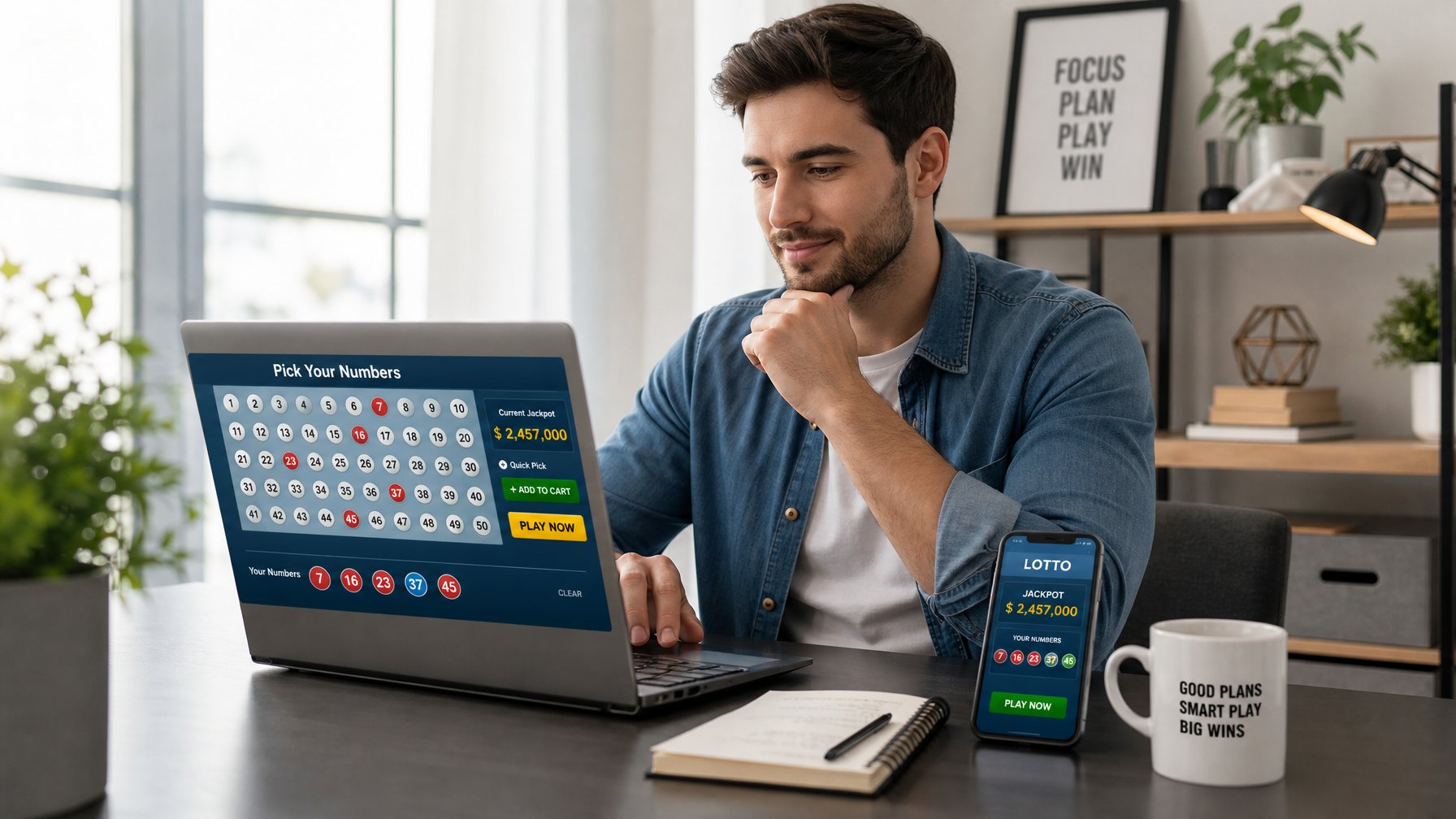 Seorang dewasa muda duduk di meja dengan laptop dan ponsel, fokus menggunakan aplikasi togel online di ruang kerja yang rapi.