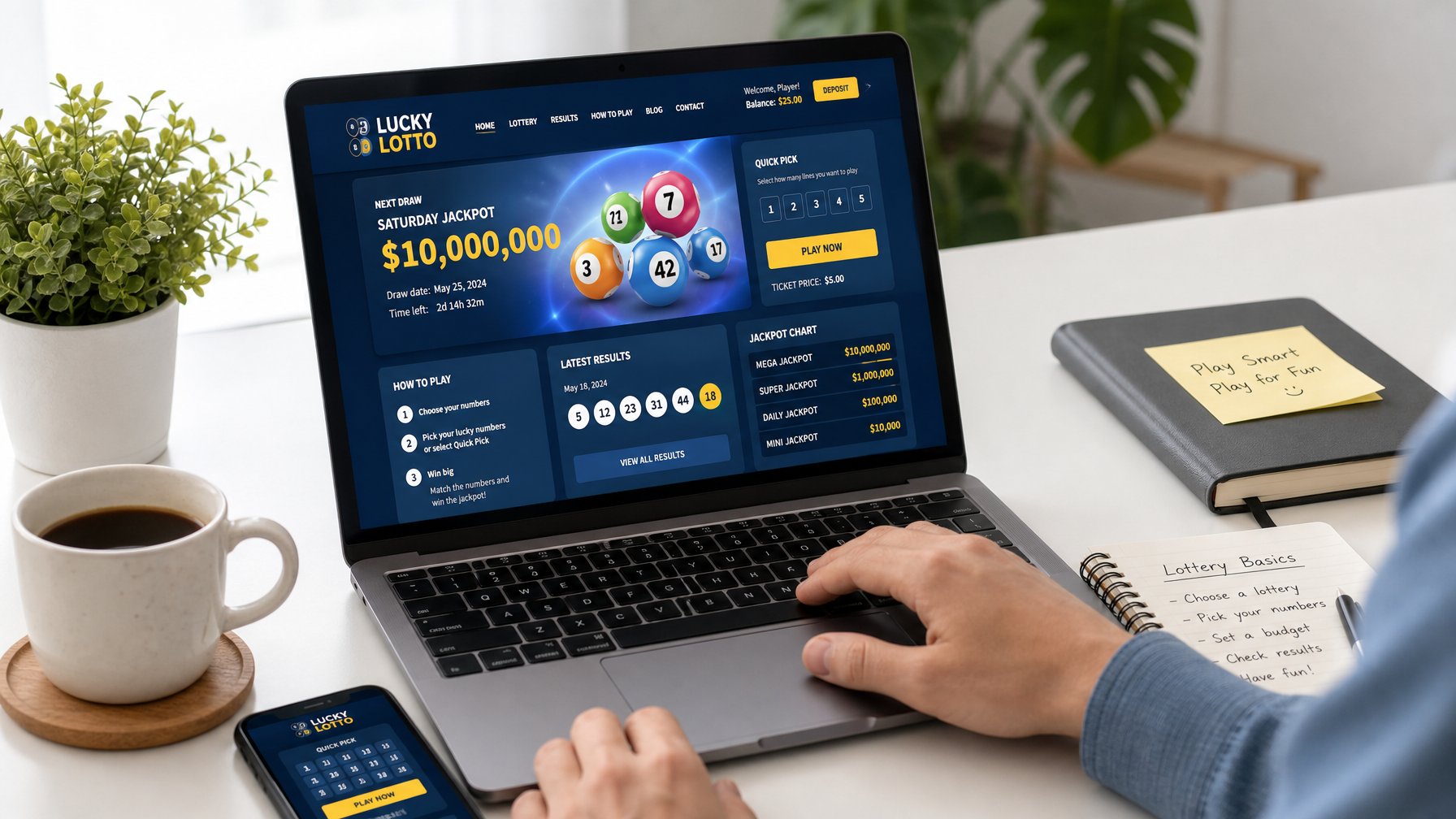 Seseorang sedang menggunakan laptop dengan tampilan permainan togel online di meja kerja yang rapi.