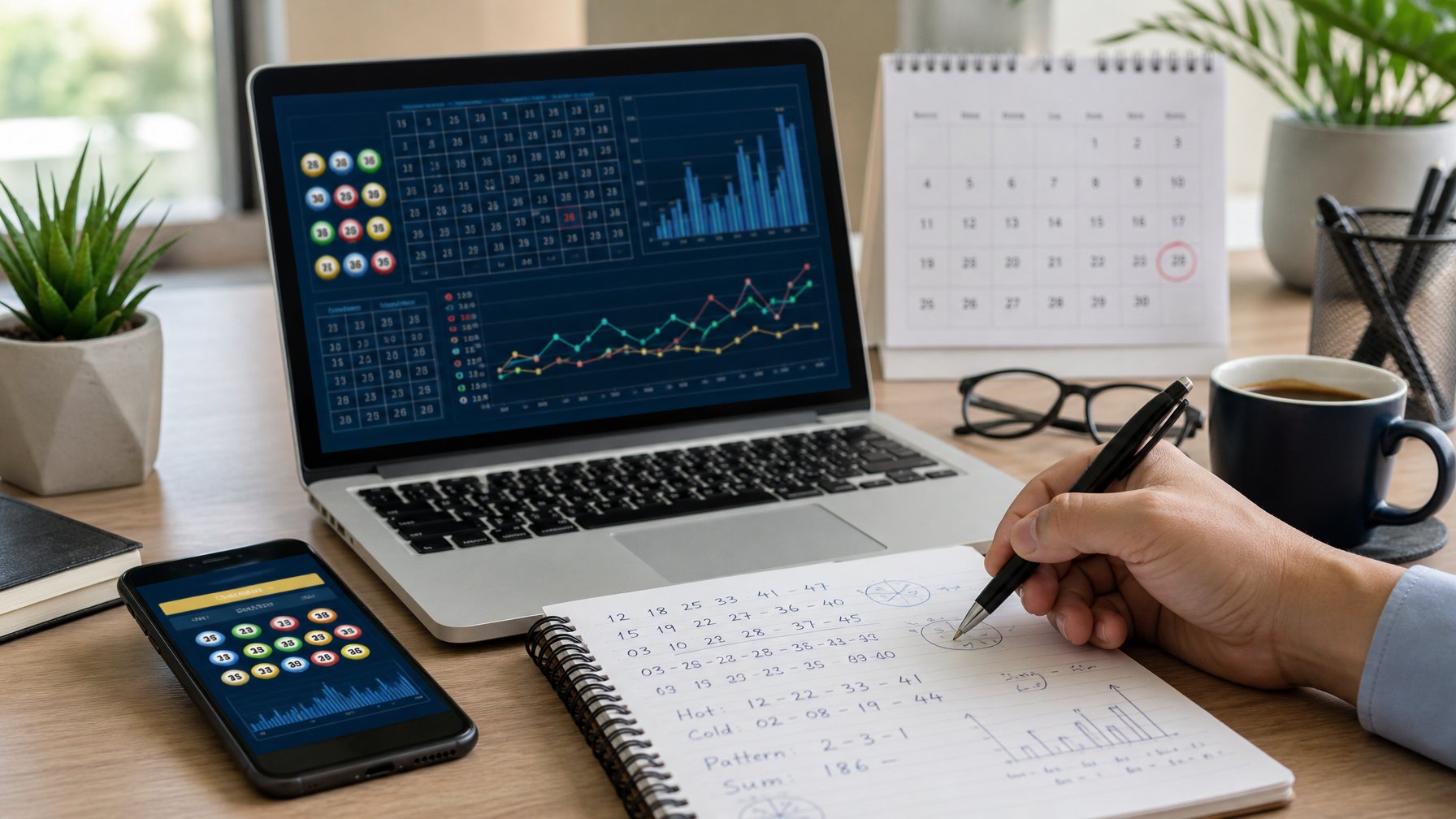 Meja kerja dengan laptop, ponsel, dan tangan yang memegang pena di atas buku catatan, menunjukkan aktivitas prediksi angka togel online.