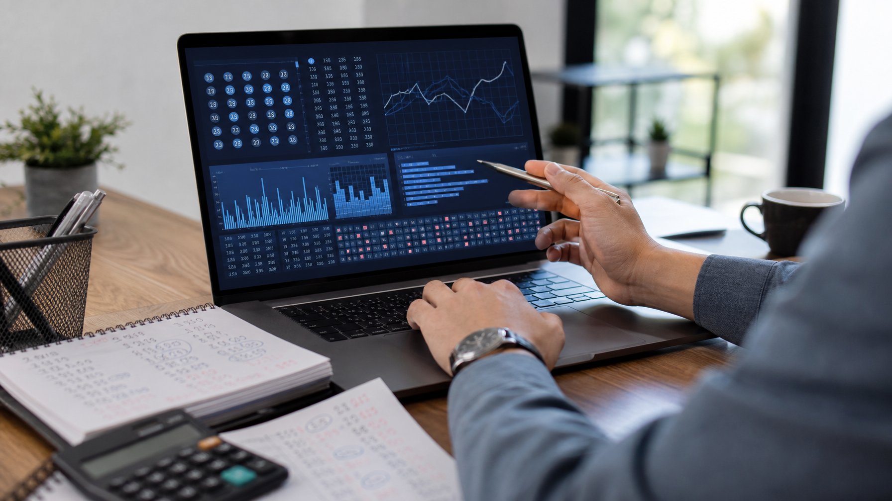 Seorang individu sedang bekerja di depan laptop dengan data angka dan kalkulator di meja, menunjukkan suasana analisis dan perhitungan angka togel secara fokus.