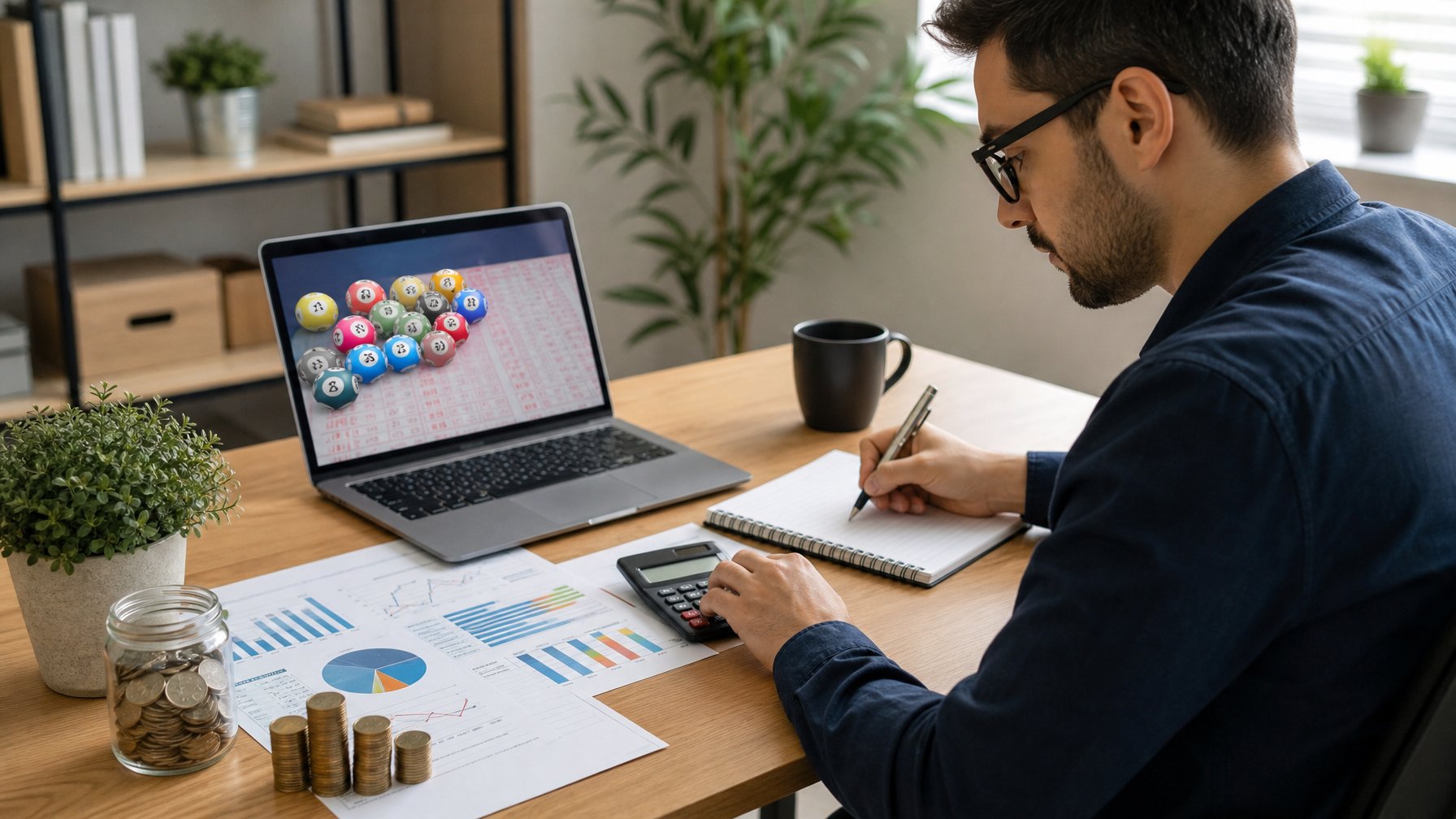 Seseorang sedang mengelola modal taruhan togel online dengan laptop, kalkulator, dan catatan di meja kerja yang rapi.