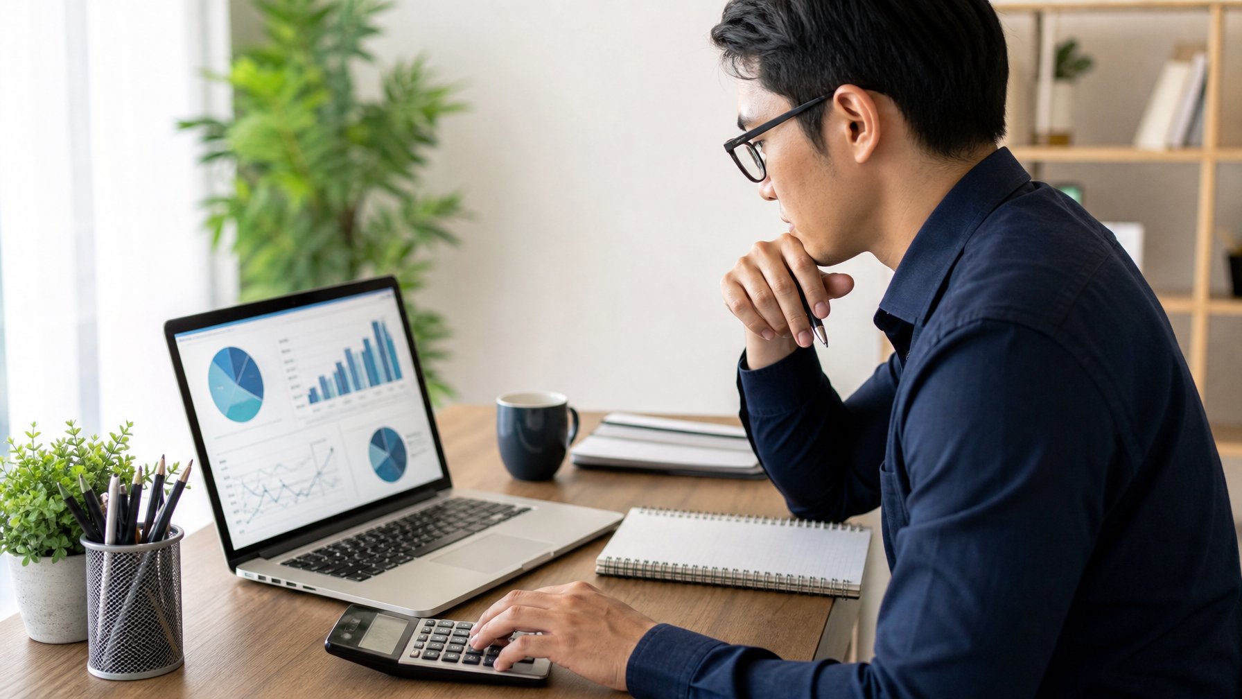 Seorang individu sedang duduk di meja kerja dengan laptop terbuka menampilkan grafik keuangan, sambil menggunakan kalkulator dan mencatat, menggambarkan pengelolaan modal taruhan togel online.