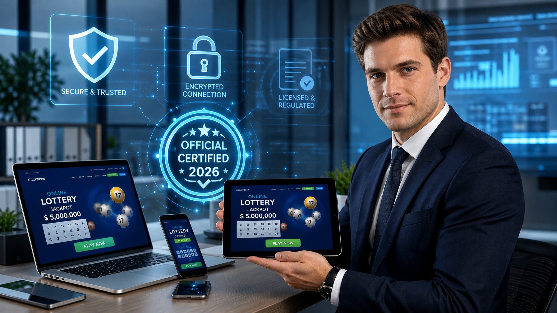 Seorang profesional duduk di meja dengan perangkat digital yang menampilkan antarmuka situs togel online yang aman dan terpercaya, dengan ikon keamanan mengambang di sekitar layar.