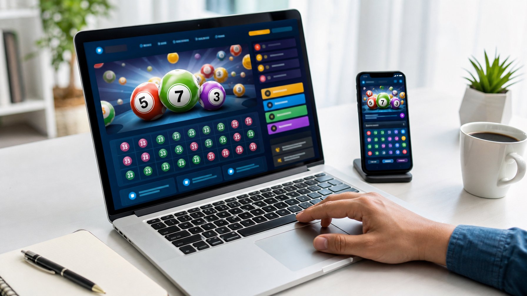 Seorang pengguna berinteraksi dengan laptop dan ponsel yang menampilkan antarmuka situs togel online dengan latar meja kerja yang rapi.