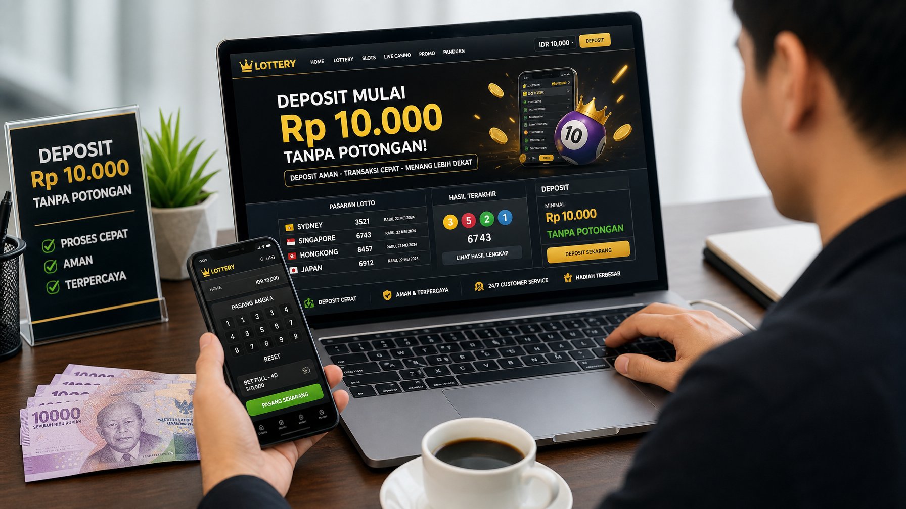Seorang pengguna laptop sedang mengakses situs togel online dengan uang pecahan 10 ribu rupiah dan ponsel di atas meja.