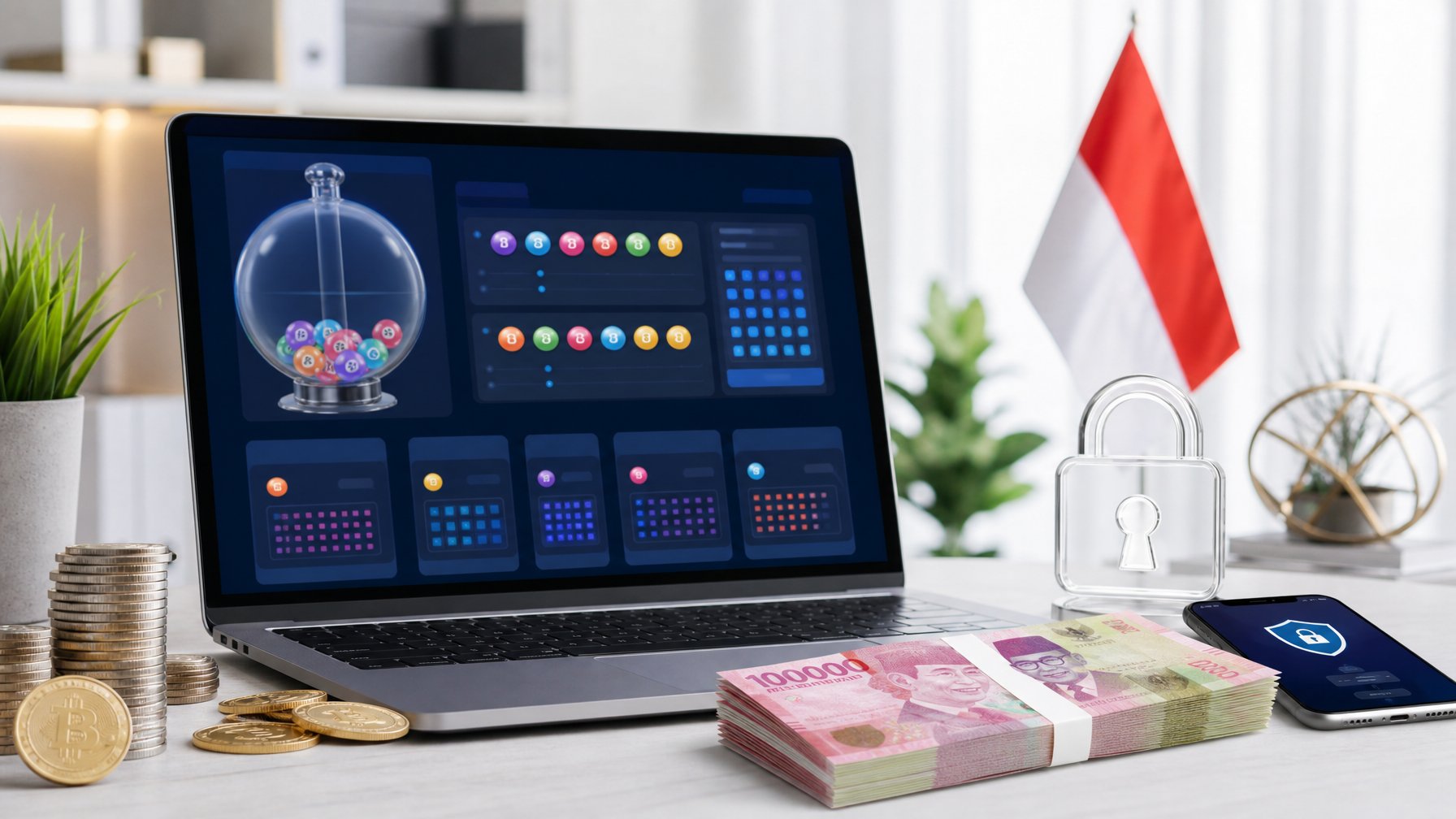 Sebuah meja kerja dengan komputer yang menampilkan situs taruhan togel online, dikelilingi oleh simbol uang dan keamanan digital.