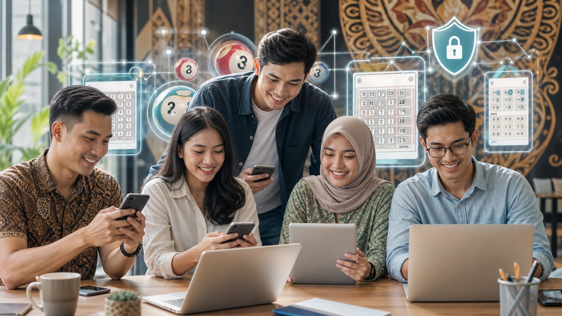 Sekelompok orang muda menggunakan perangkat digital di ruang kerja modern yang cerah, menggambarkan platform togel online terpercaya di Indonesia.