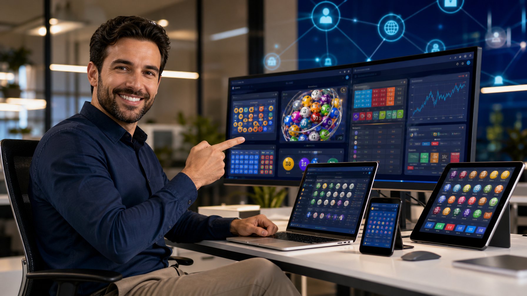 Seorang pria duduk di meja kantor modern dengan beberapa perangkat digital yang menampilkan antarmuka togel online, tersenyum dan menunjuk ke layar.