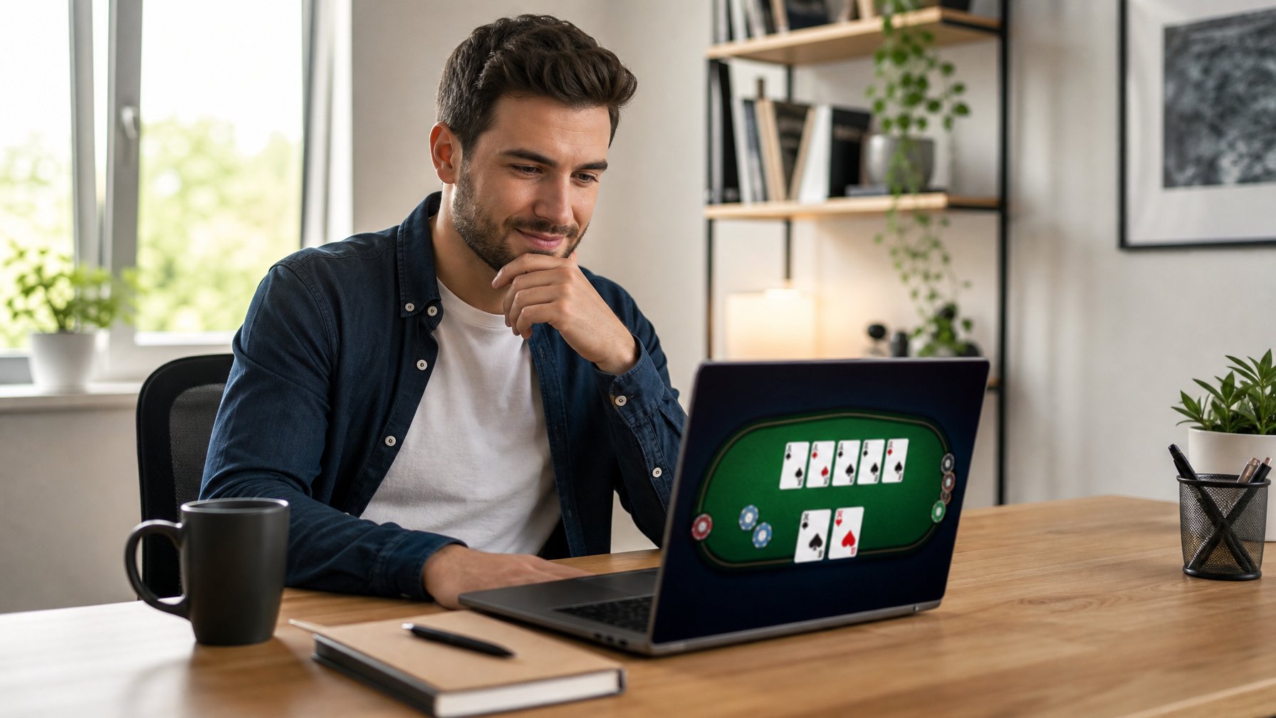 Seseorang muda sedang bermain permainan kartu online di laptop di ruang kerja rumah yang terang.