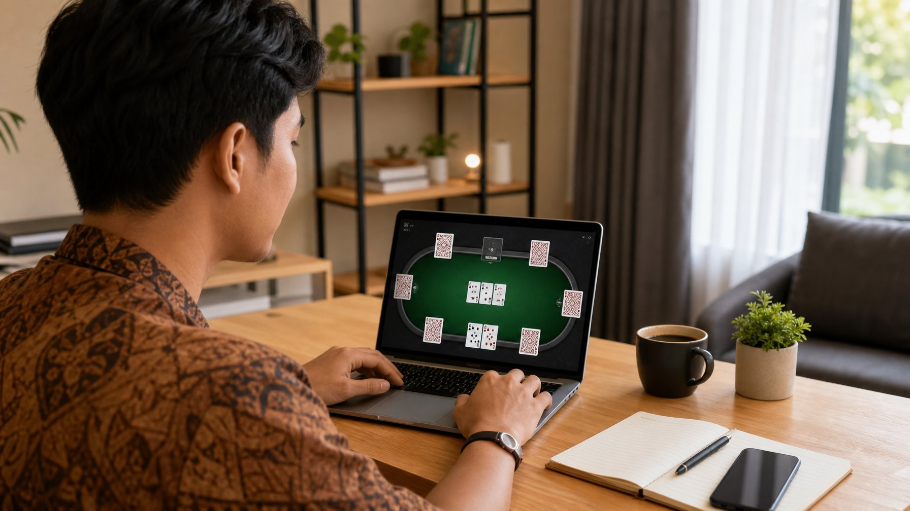 Seorang pemuda Indonesia sedang bermain permainan kartu Ceme online di laptop di ruang tamu yang terang dan rapi.