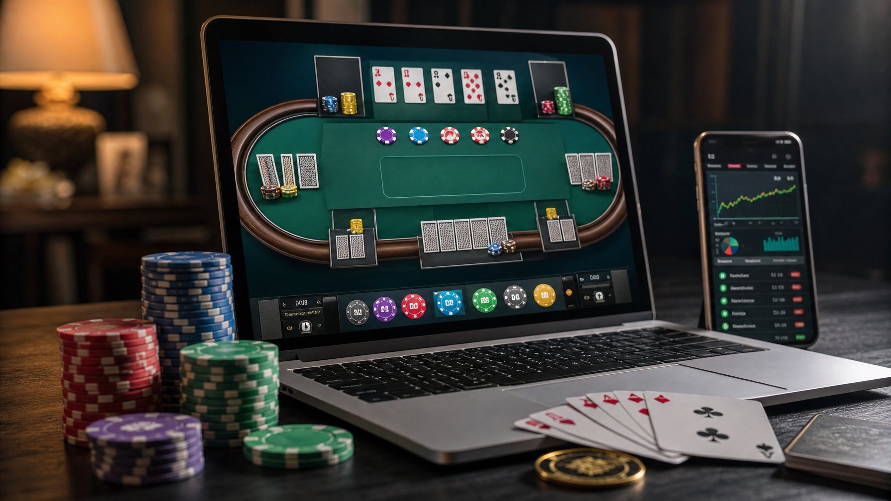 Sebuah laptop dan perangkat mobile menampilkan permainan kartu Bandar Ceme dengan chip poker di sekitarnya.