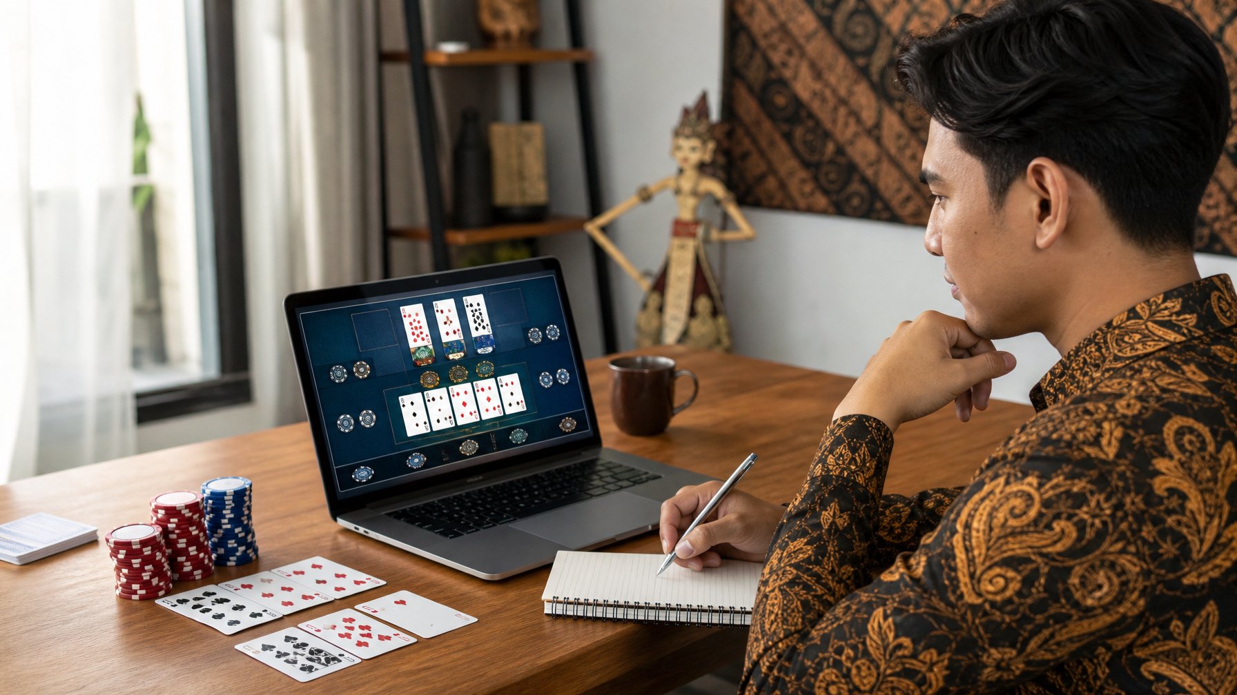 Seseorang sedang duduk di depan laptop dengan kartu remi dan chip poker di meja, tampak fokus dan strategis dalam bermain Bandar Ceme online.