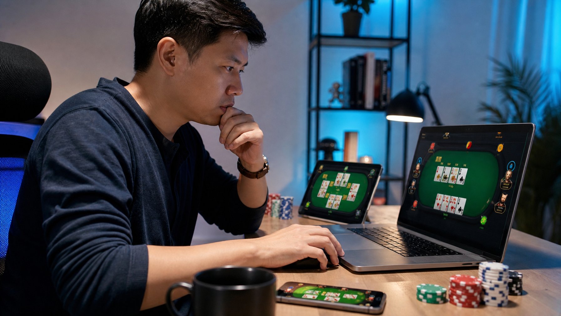 Seorang pria dewasa fokus bermain permainan kartu Bandar Ceme secara online di depan laptop di ruang kerja modern.