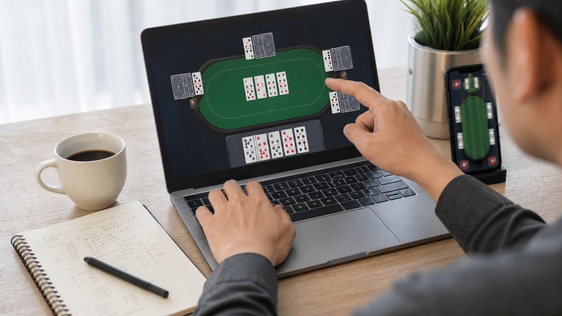 Seseorang menggunakan laptop untuk bermain kartu secara online dengan alat tulis dan ponsel di meja kerja.
