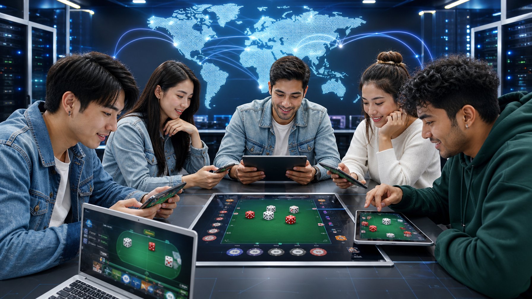 Beberapa orang muda sedang bermain game online di perangkat digital dengan latar belakang peta dunia dan elemen teknologi.