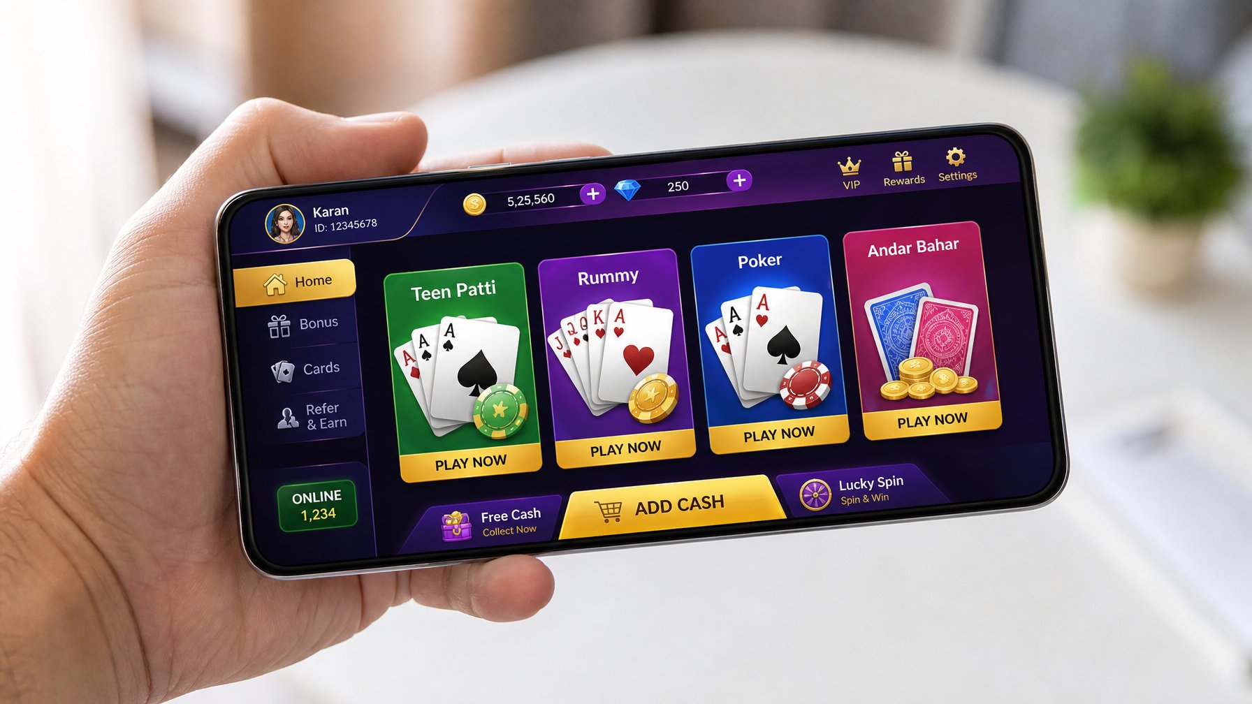 Seseorang memegang ponsel yang menampilkan aplikasi permainan kartu online dengan layar yang cerah dan jelas.