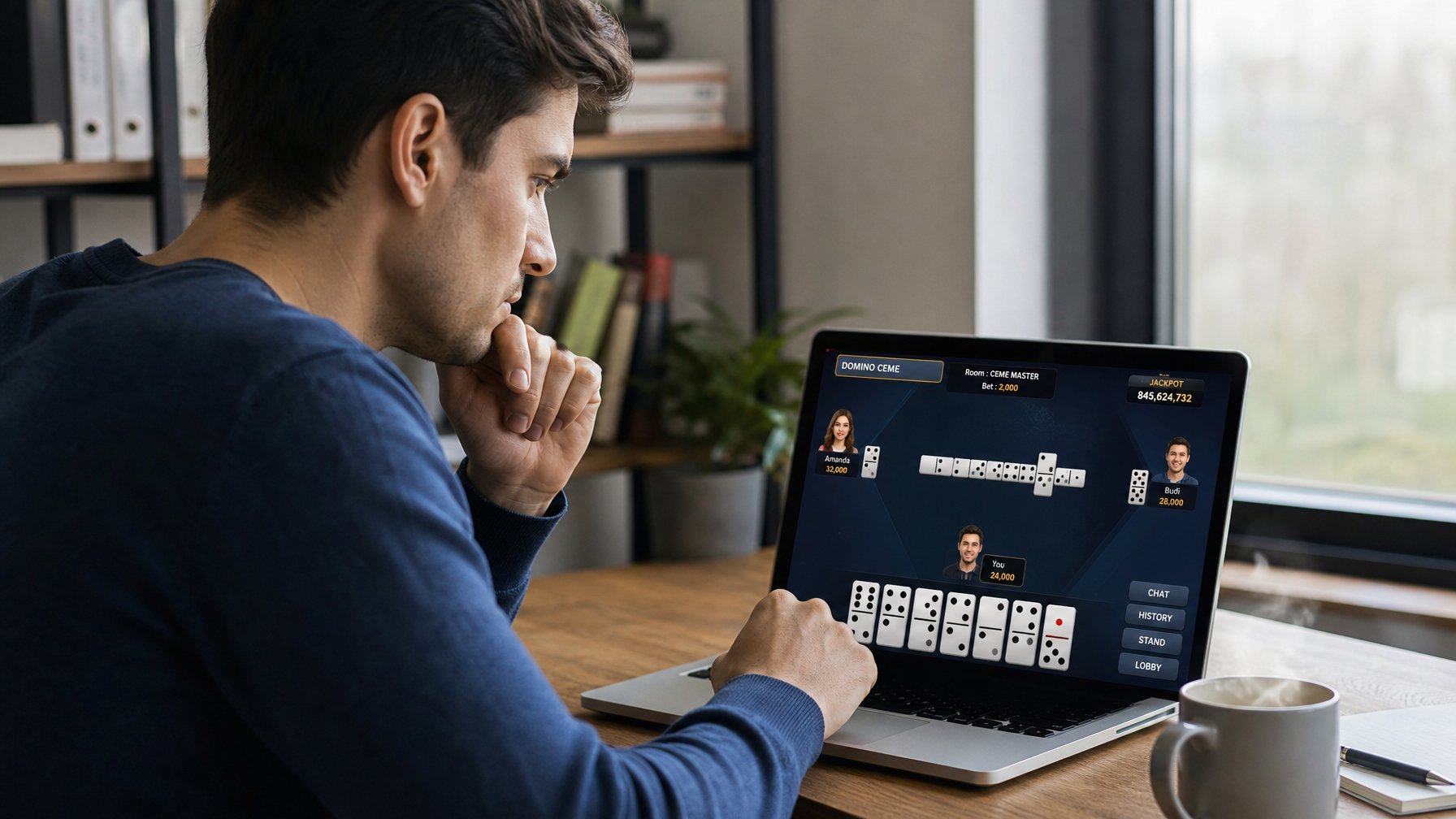 Seorang pria muda duduk di meja dengan laptop, fokus bermain domino ceme online sambil terlihat berpikir dan merencanakan strategi.