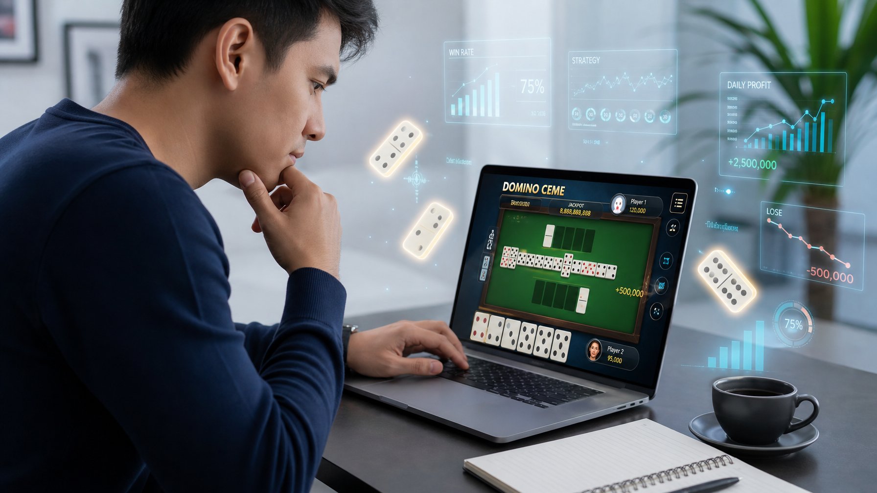 Seorang pria muda fokus bermain Domino Ceme online dengan laptop di ruangan yang terang dan rapi.