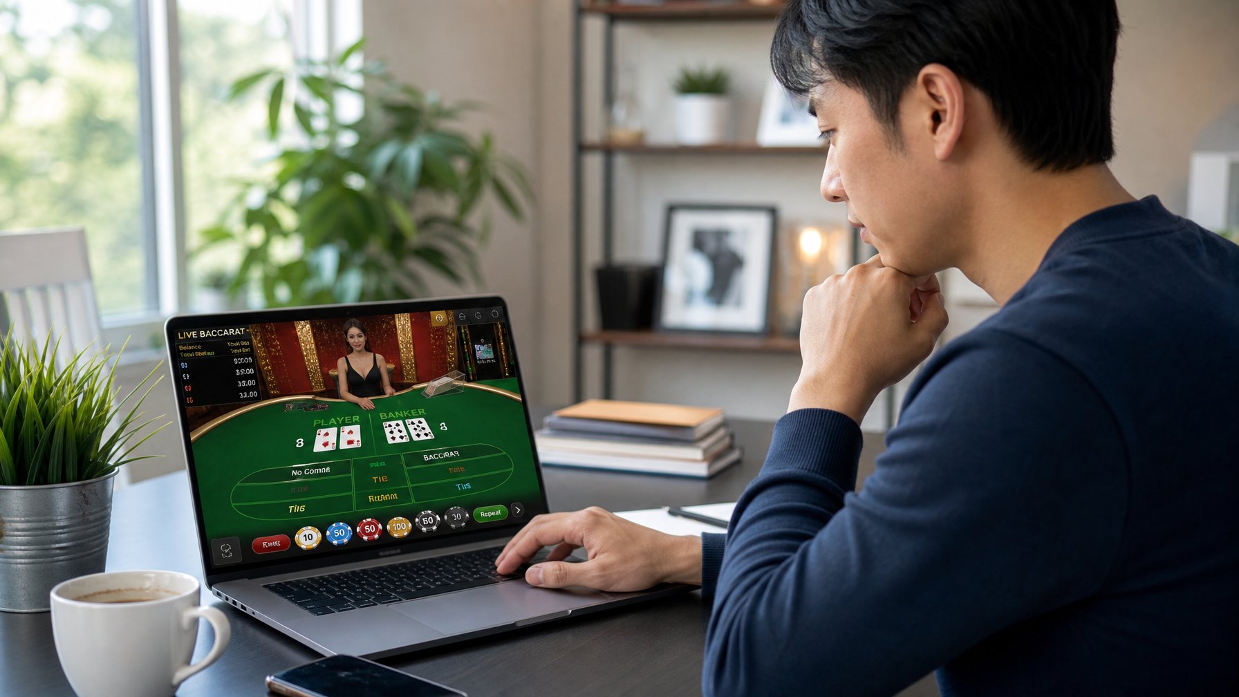 Seseorang yang tenang dan fokus bermain baccarat online di laptop di sebuah ruangan modern dengan pencahayaan alami.
