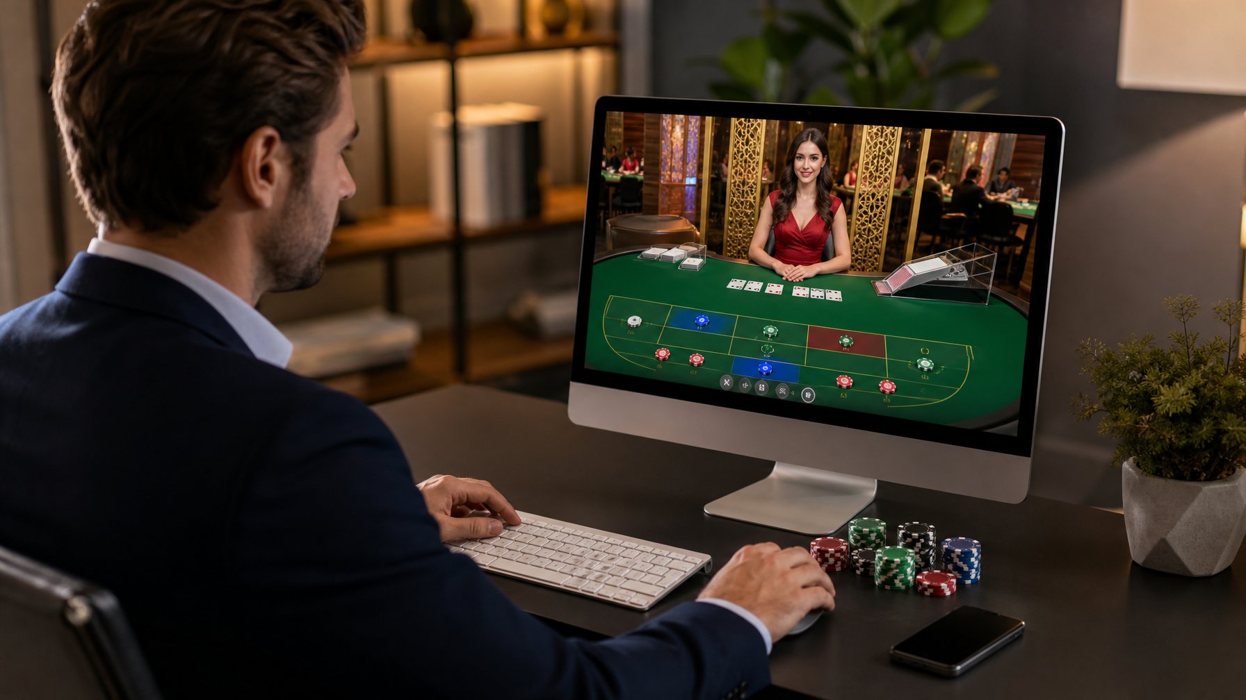 Seorang pria atau wanita duduk di depan komputer dengan tampilan permainan baccarat online, terlihat tenang dan fokus dalam suasana ruangan yang nyaman.
