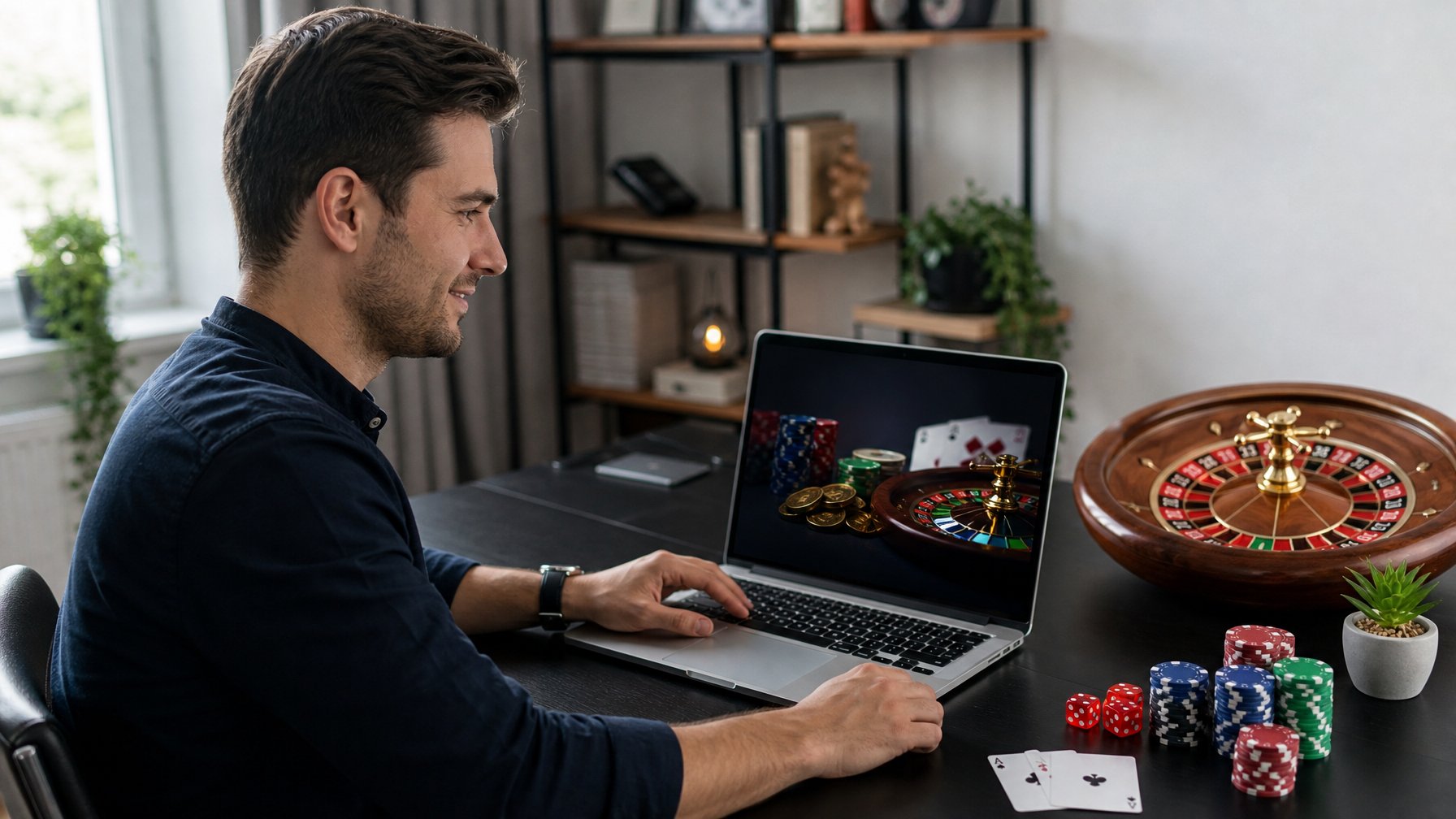 Seorang pria muda duduk di meja dengan laptop, di sekitar terdapat chip poker, kartu remi, dan roda roulette, menggambarkan suasana situs casino online yang terpercaya dan aman.