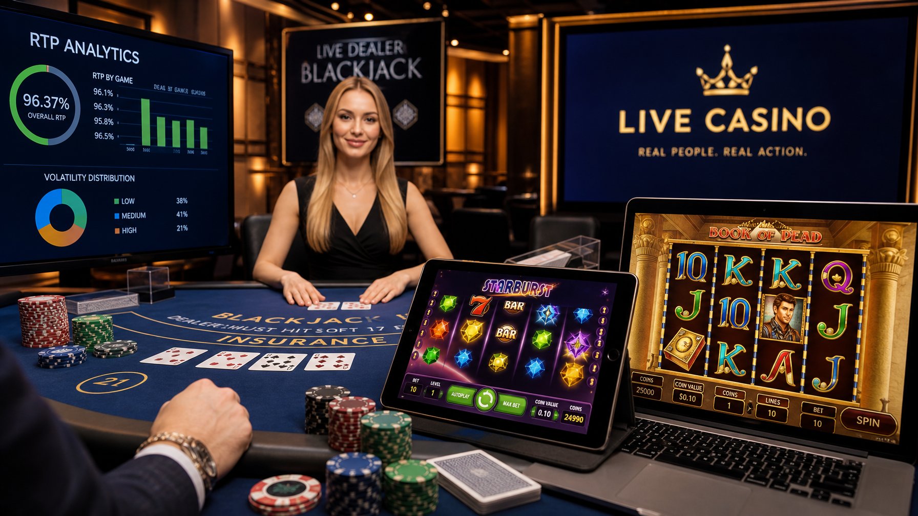 Suasana kasino modern dengan dealer langsung di meja permainan dan layar komputer menampilkan permainan slot online.