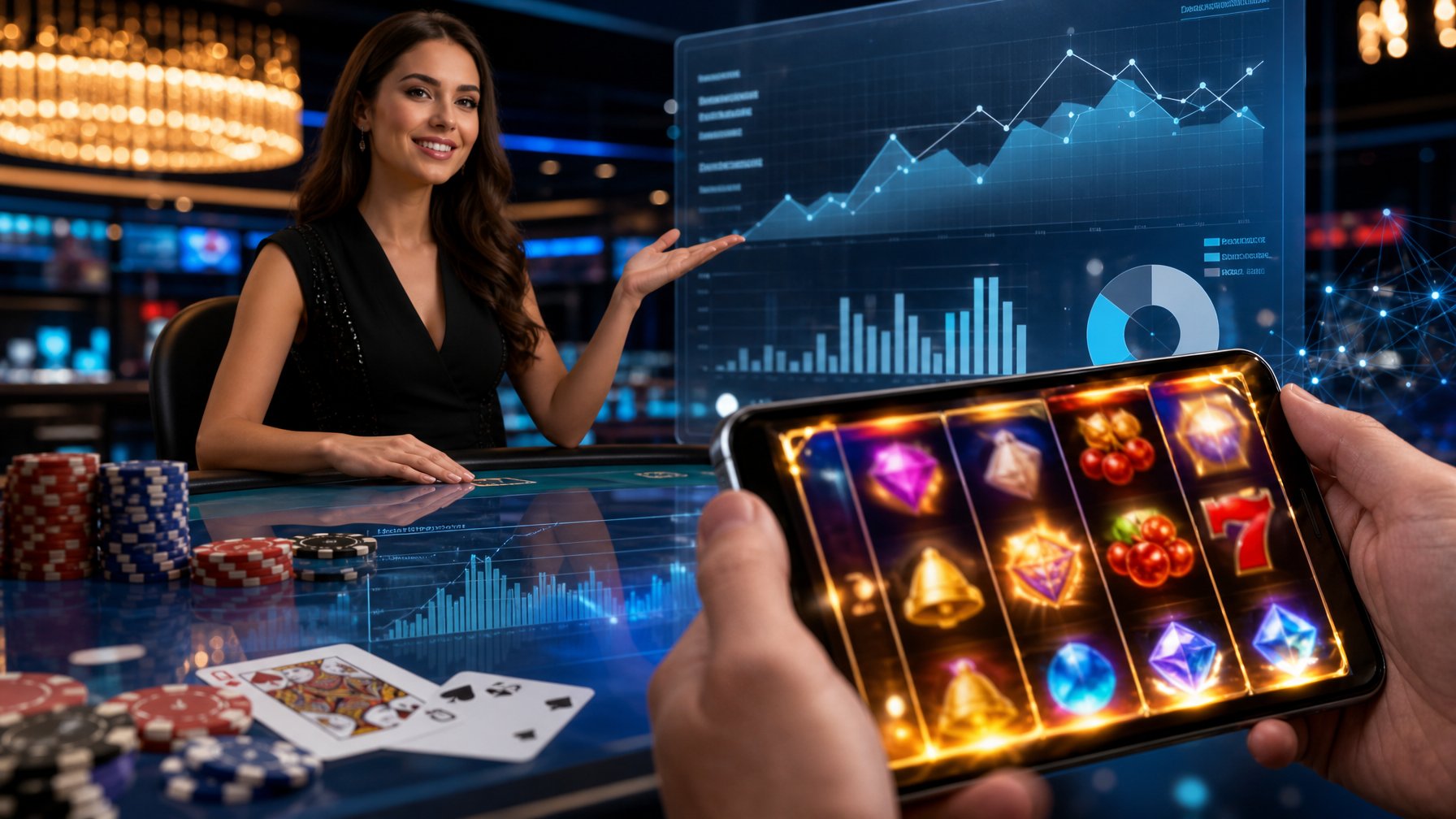 Seorang dealer kasino langsung berinteraksi dengan pemain melalui layar digital yang menampilkan grafik RTP, dengan tangan memegang ponsel yang menampilkan gulungan mesin slot berwarna-warni.