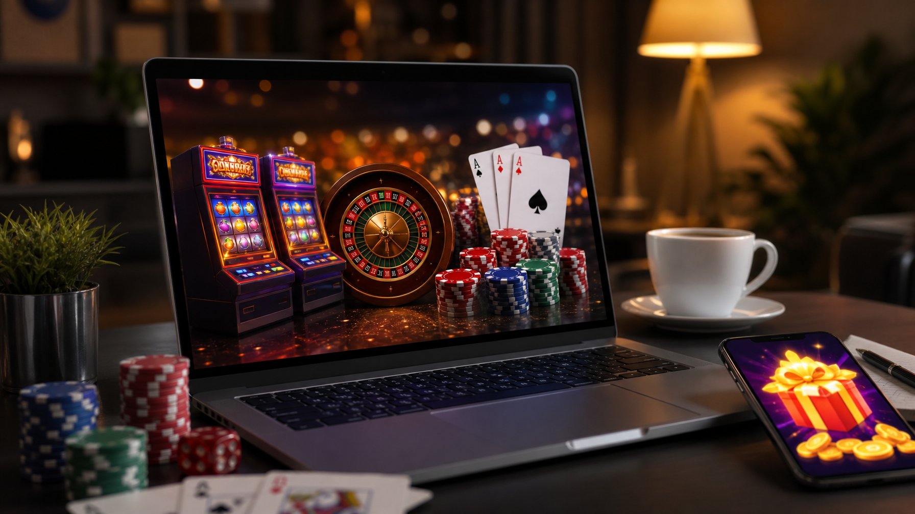 Seorang pengguna duduk di depan laptop dengan tampilan permainan kasino online dan chip kasino di meja.