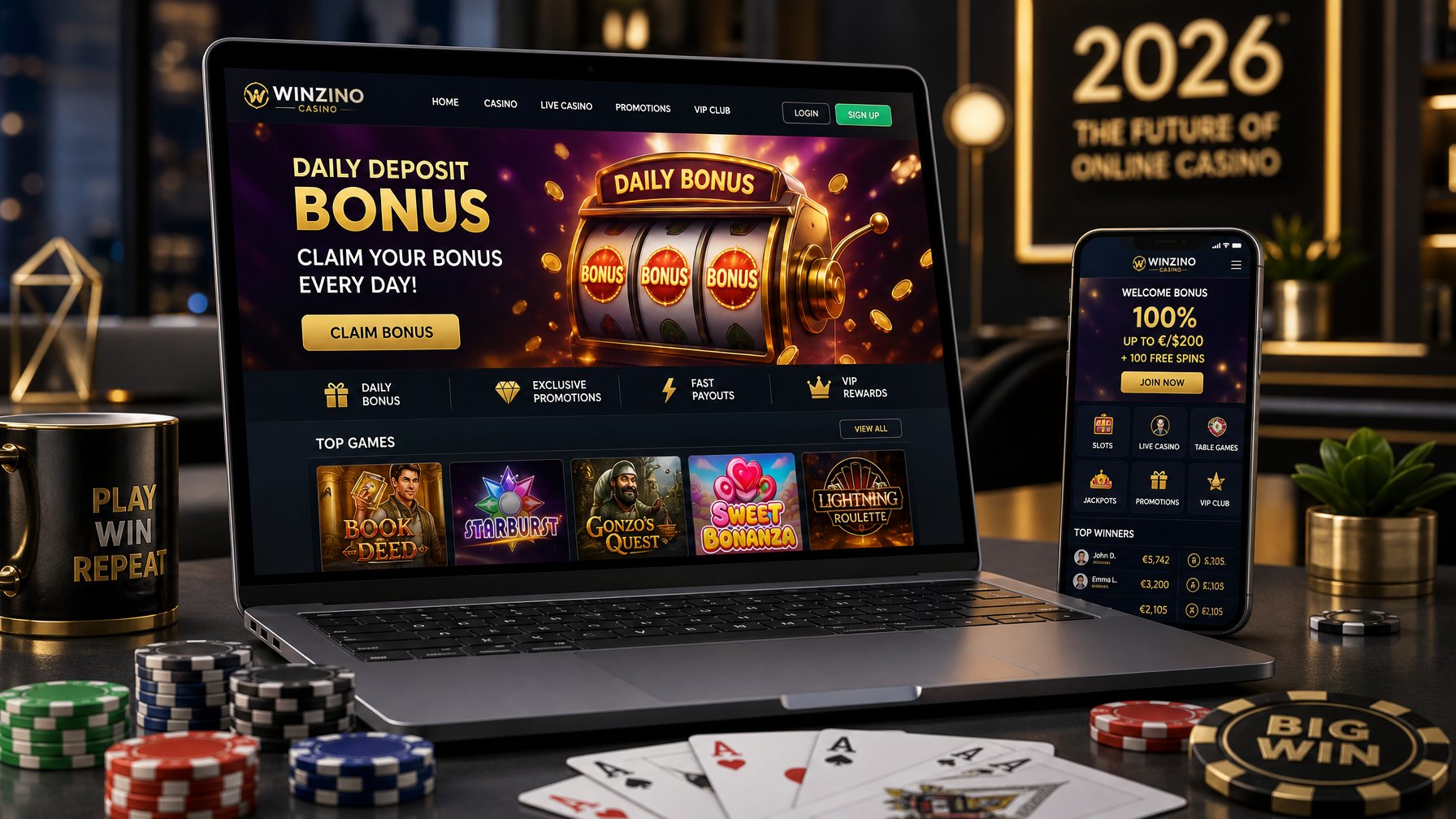 Seorang pria menggunakan laptop dengan tampilan situs kasino online yang menampilkan grafik mesin slot dan bonus, dikelilingi chip poker dan kartu remi di meja modern.