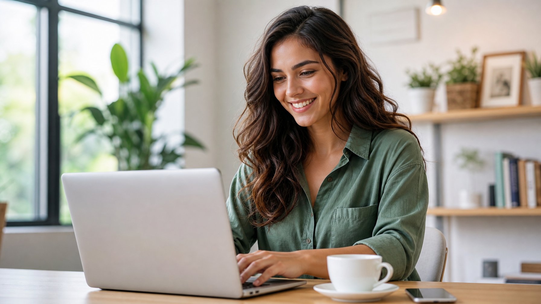 Seorang wanita muda tersenyum menggunakan laptop di meja kerja modern dengan pencahayaan alami.