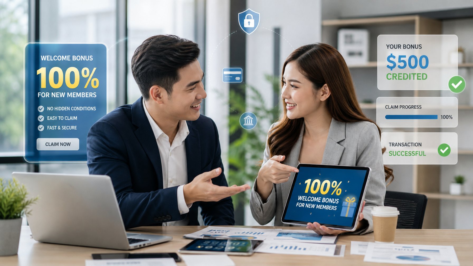 Dua orang muda sedang berdiskusi di meja kantor dengan perangkat digital, menggambarkan proses klaim bonus sambutan anggota baru tanpa syarat rumit.