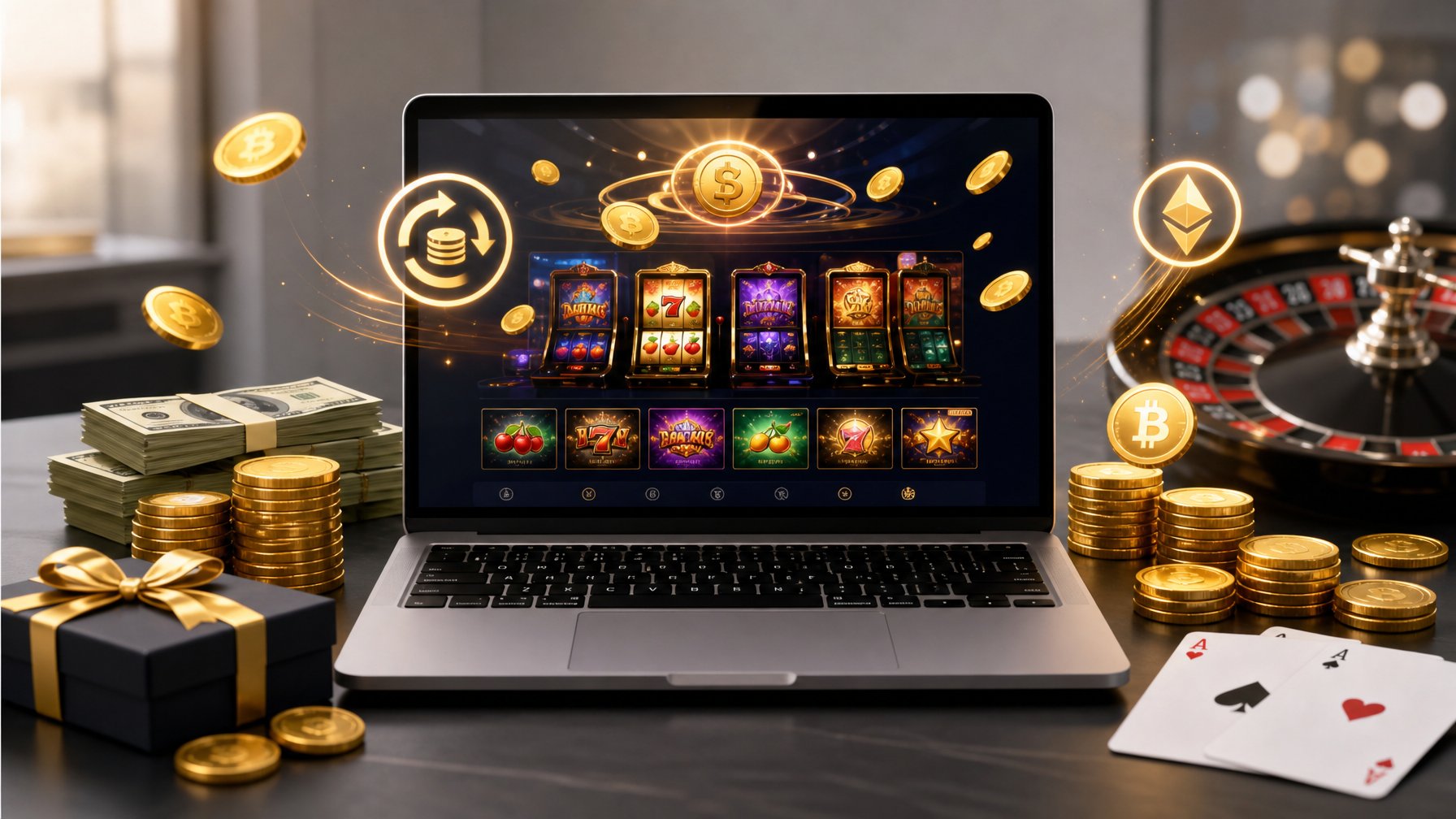 Seorang profesional menggunakan laptop yang menampilkan situs kasino online dengan simbol cashback dan uang di sekitarnya.