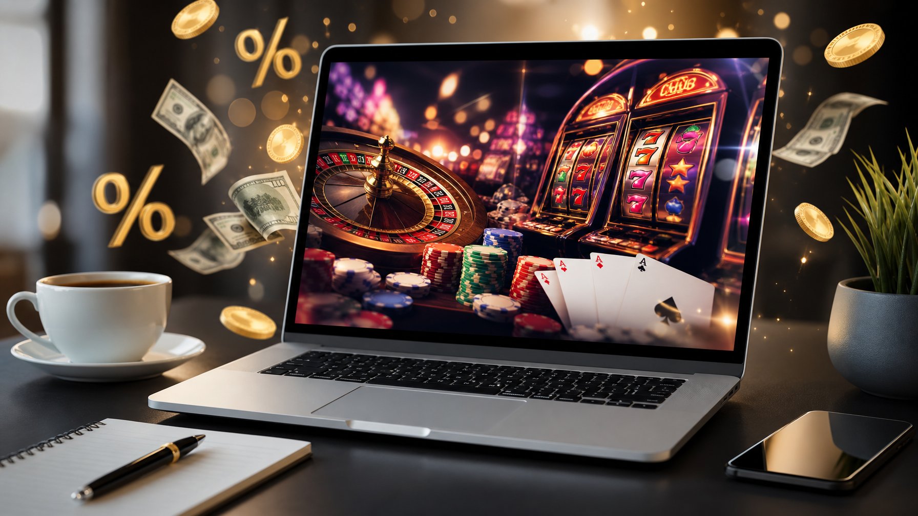 Seorang pengguna di depan komputer dengan tampilan situs casino online yang menampilkan elemen cashback mingguan seperti koin dan uang tunai di sekitar layar.