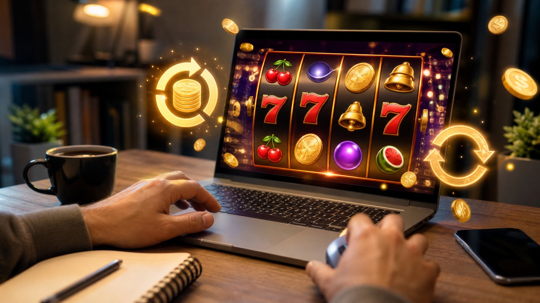 Tangan seseorang menggunakan laptop dengan permainan mesin slot online yang menampilkan simbol berwarna-warni, di meja terdapat buku catatan dan secangkir kopi.