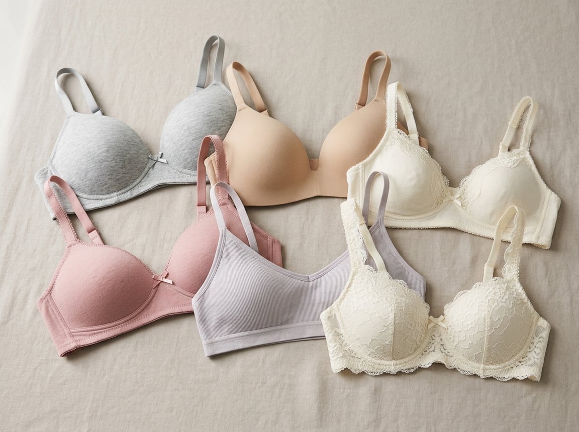 A collection of everyday bras in soft colors arranged neatly on a plain background.