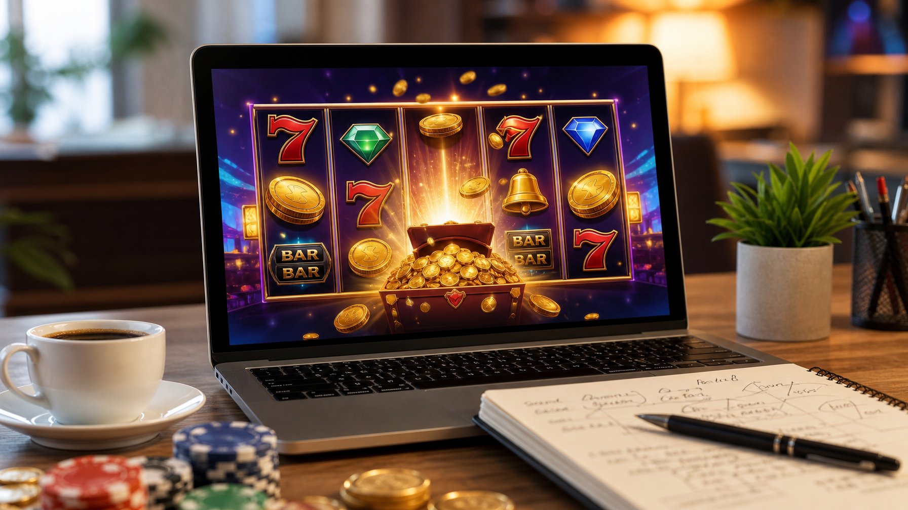 Seorang pengguna sedang bermain mesin slot online di komputer dengan catatan strategi dan secangkir kopi di meja kerja.