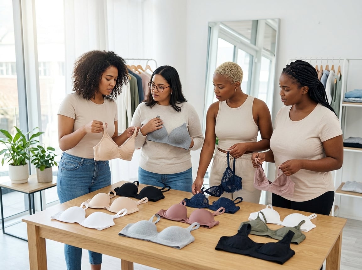 A group of diverse women examining and discussing everyday bras displayed on a table in a bright, modern room.