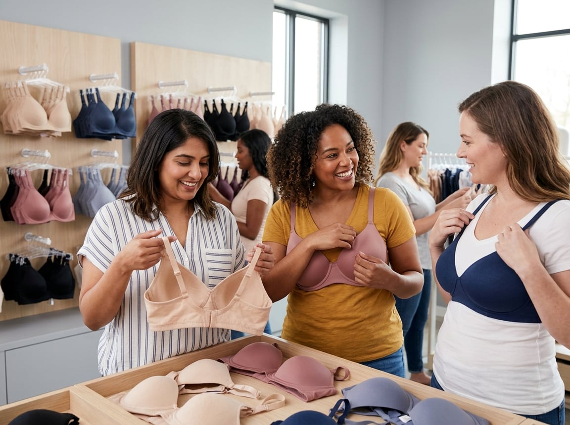 Women trying on and examining everyday bras in a bright fitting room with bras displayed on racks in the background.