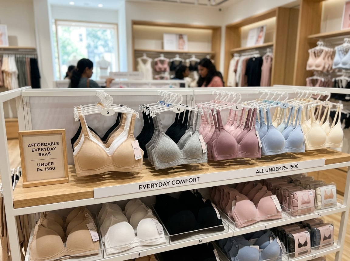 Display of affordable everyday bras in neutral colors arranged on a retail shelf in a lingerie store.