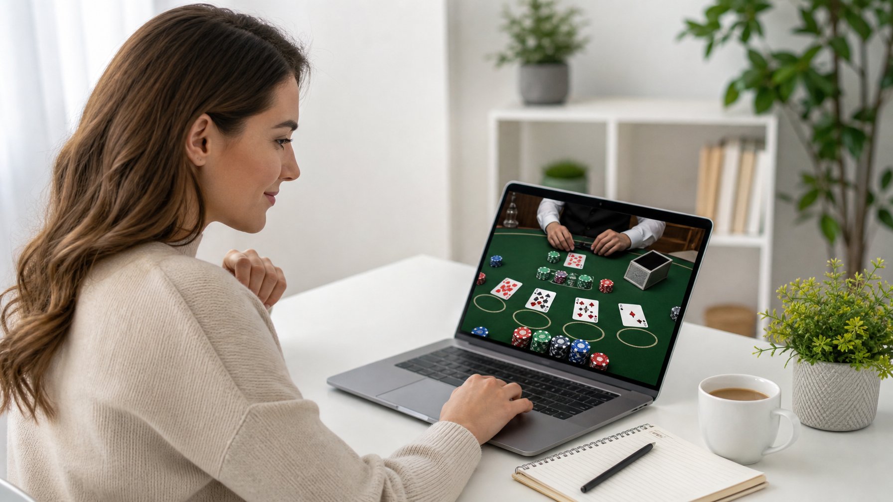 Seorang wanita muda duduk di depan laptop bermain blackjack online dengan fokus di sebuah meja modern di ruangan yang terang dan rapi.