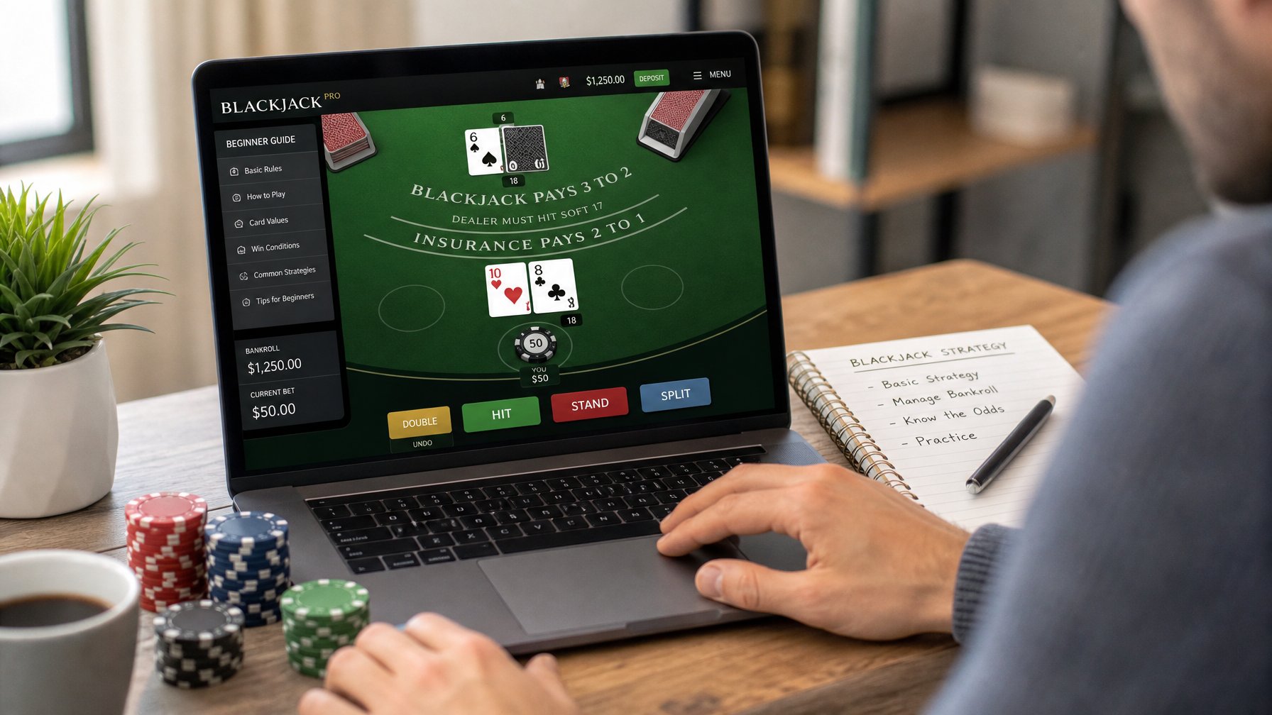 Seseorang bermain blackjack online di depan komputer dengan kartu dan chip di meja, suasana terang dan fokus.