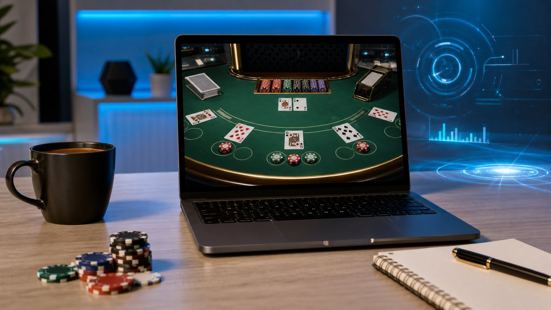 Seorang pemain sedang menggunakan laptop dengan tampilan meja blackjack digital dan chip di meja kerja yang rapi.