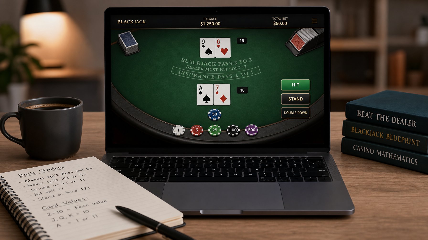 Seorang pemain sedang bermain blackjack online di laptop dengan kartu dan chip terlihat jelas di layar, di meja terdapat buku catatan dan secangkir kopi.