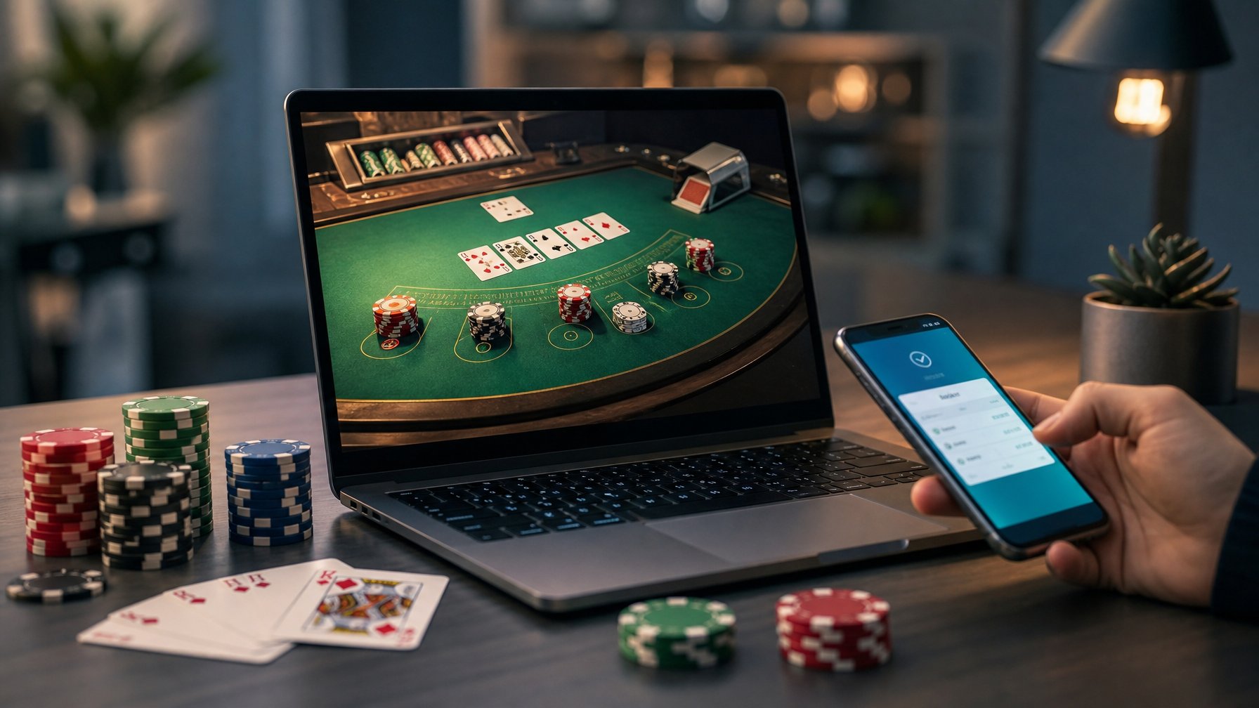 Seorang pemain sedang bermain blackjack online dengan laptop, kartu, dan chip poker di meja dalam ruangan yang nyaman.