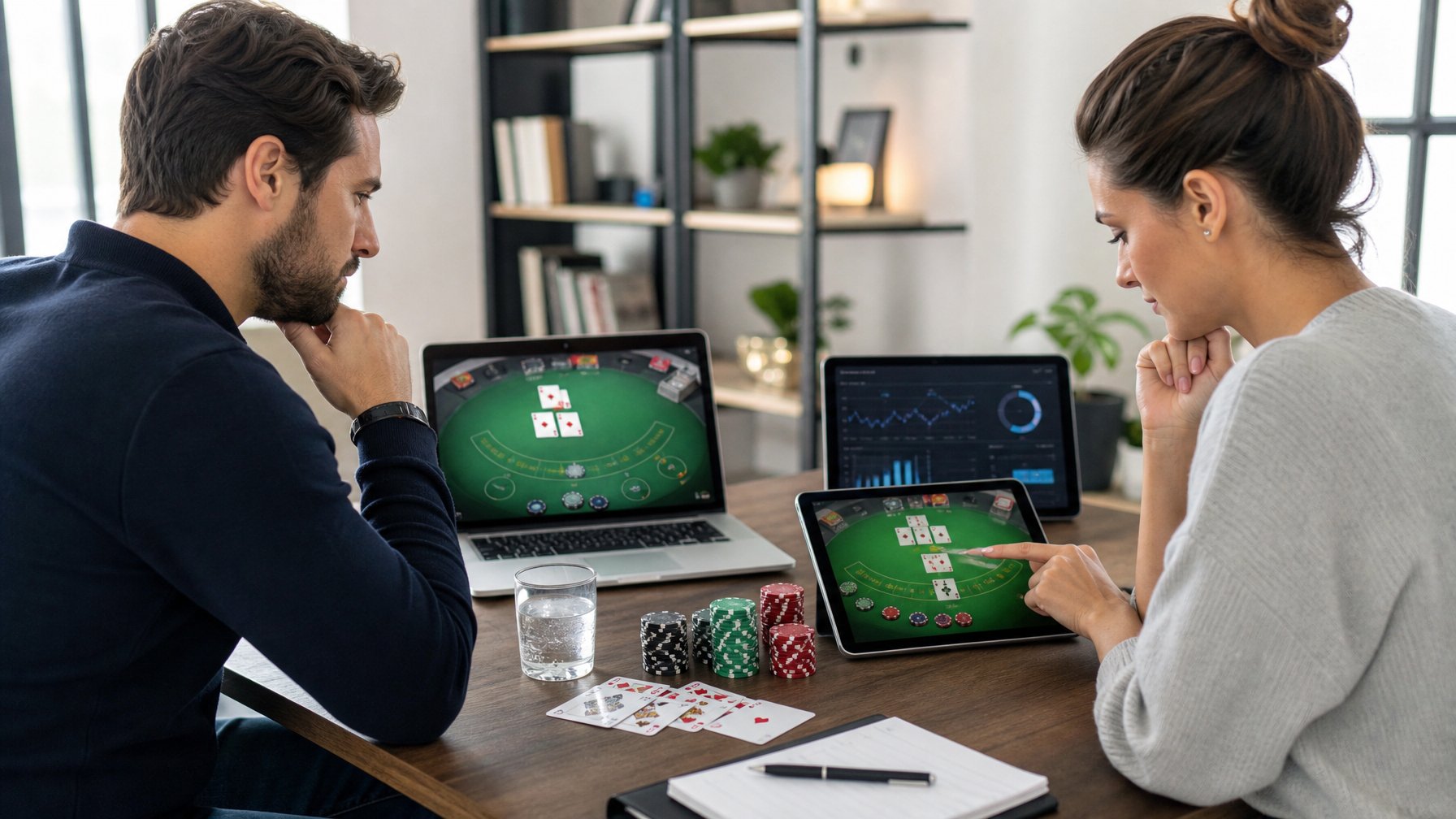 Dua orang dewasa duduk di meja dengan perangkat digital yang menampilkan permainan blackjack dan grafik keuangan, suasana fokus dan profesional di ruang kerja modern.