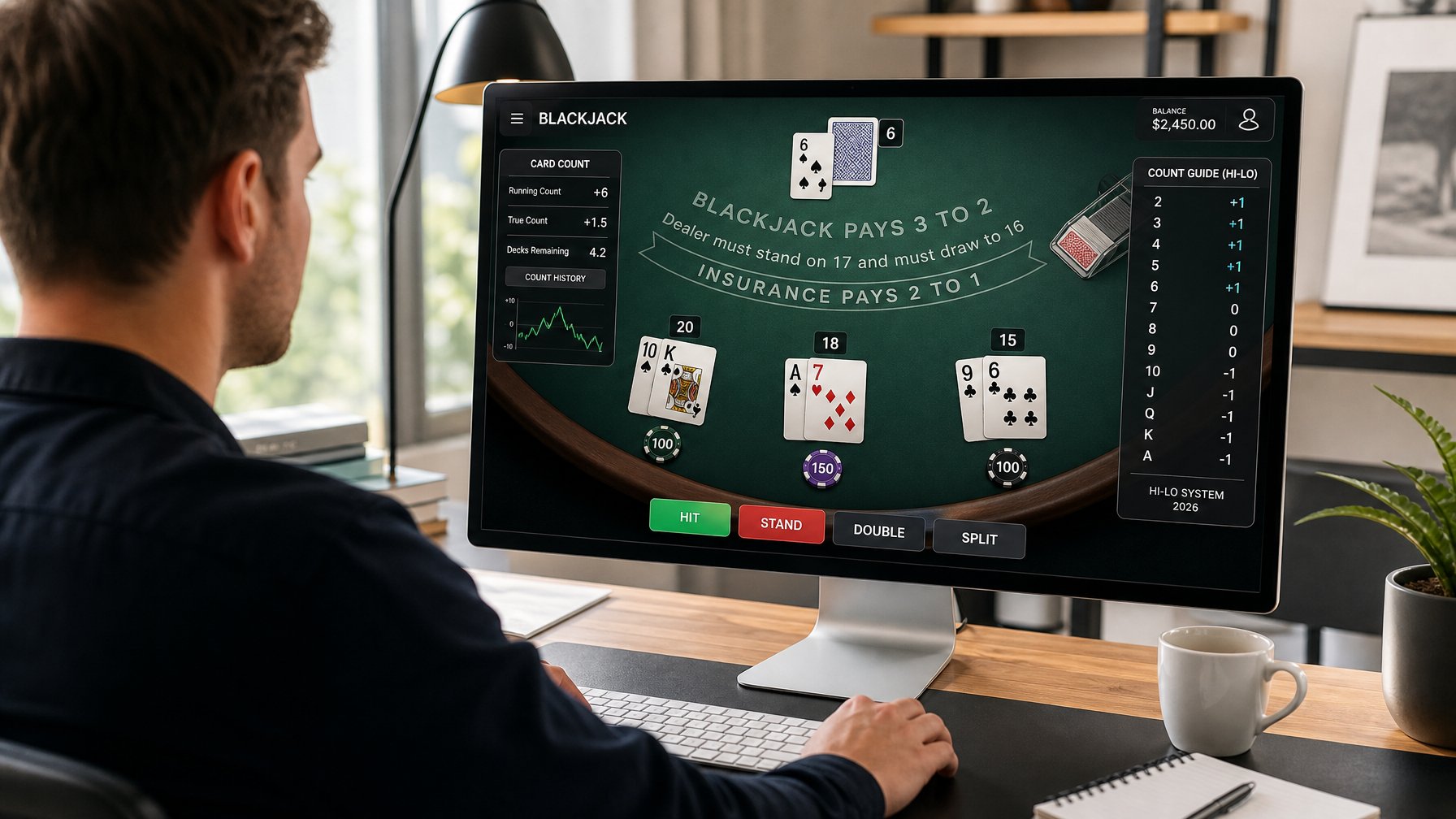 Seseorang sedang menggunakan komputer dengan tampilan permainan blackjack online dan kartu di layar di ruang kerja yang rapi.