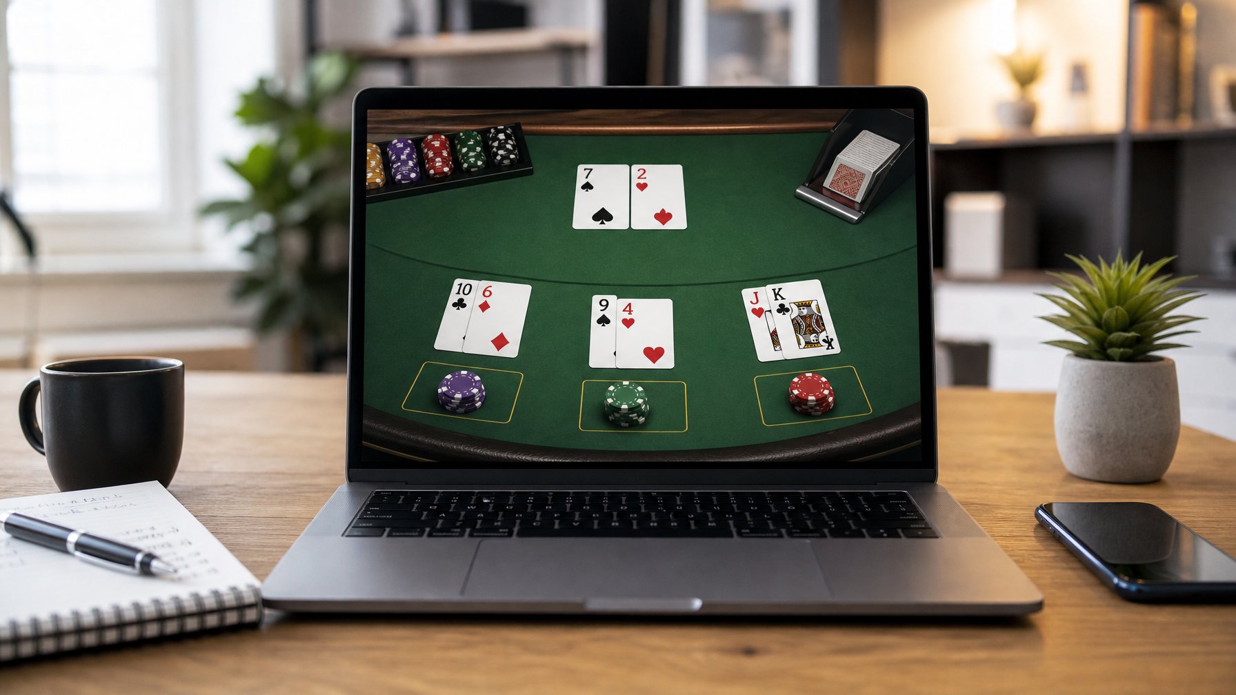 Seorang pengguna laptop yang menampilkan permainan blackjack online dengan kartu dan chip di meja kerja modern.