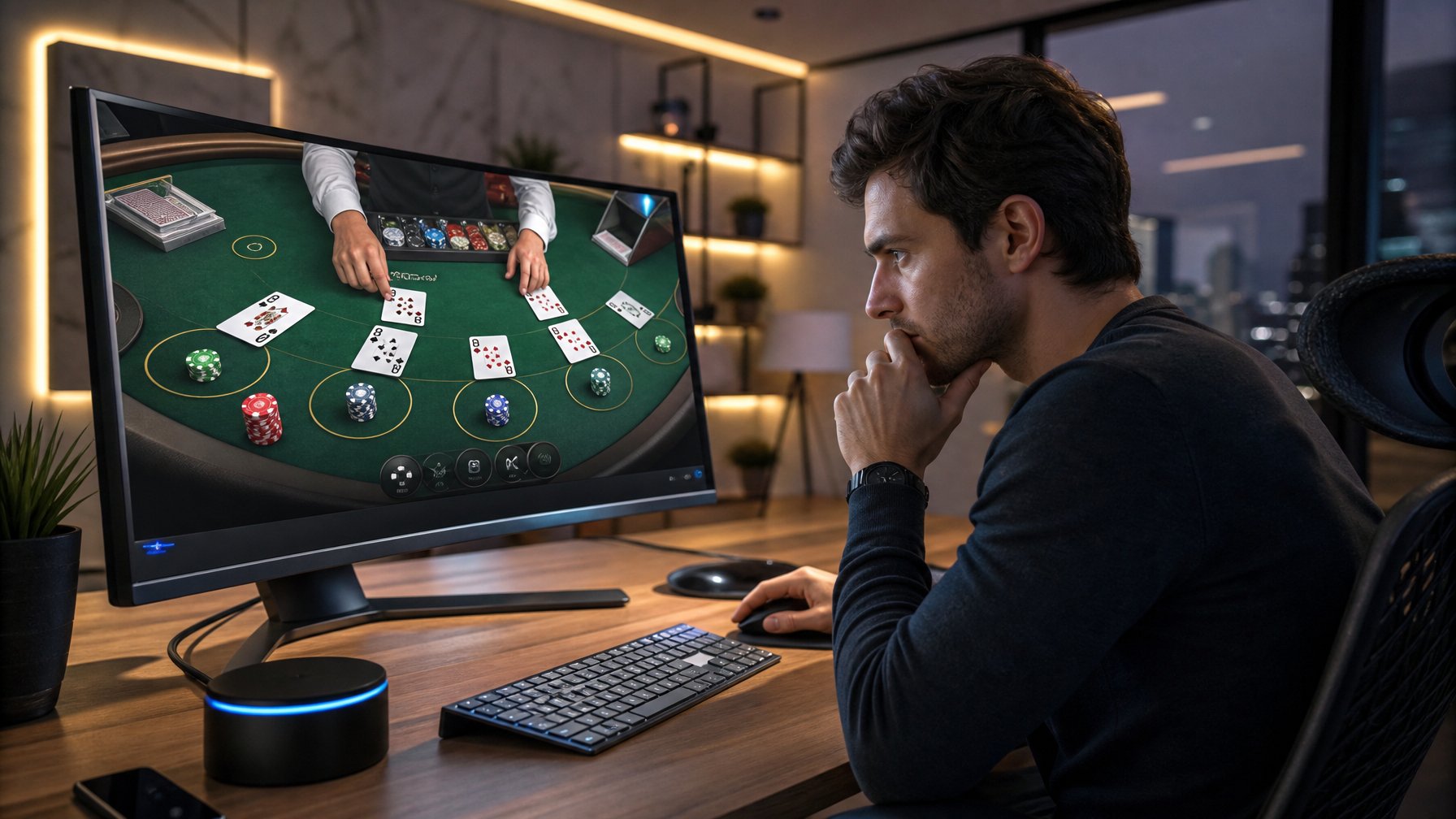 Seorang pemain muda duduk di depan komputer dengan layar menampilkan permainan blackjack online, terlihat fokus dan serius.